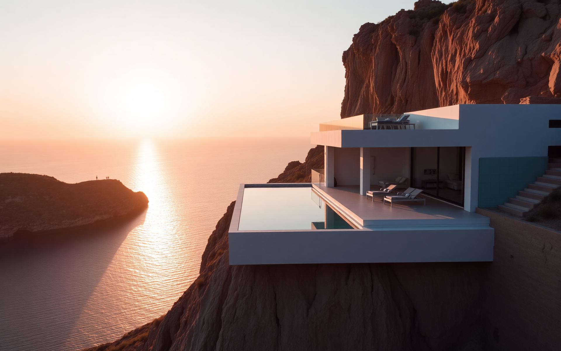 Mallorca coastline with cliffs, turquoise sea and a hilltop villa at sunset